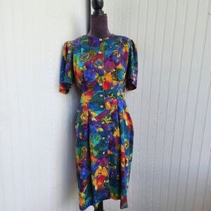 VTG Via Sant Andrea Multicolor Dress Button Front Padded Shoulder Short Slv 12 R